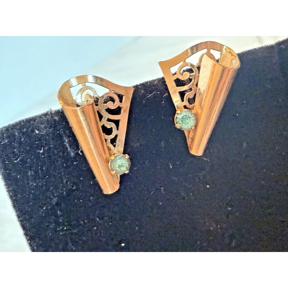 Van Dell 12K GF 1/20 Modernist Screw Back Earrings Green Stone Cone Scroll Vtg